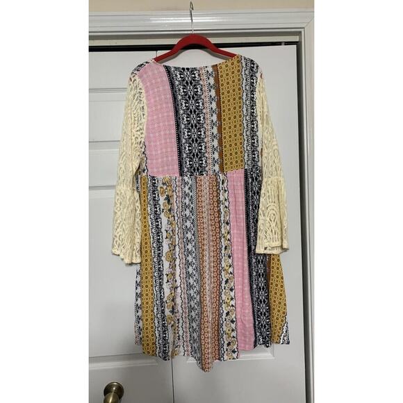 Kori America Patchwork Print Floral Babydoll Lace Sleeve Fairy Boho Cottage Med - Picture 6 of 9